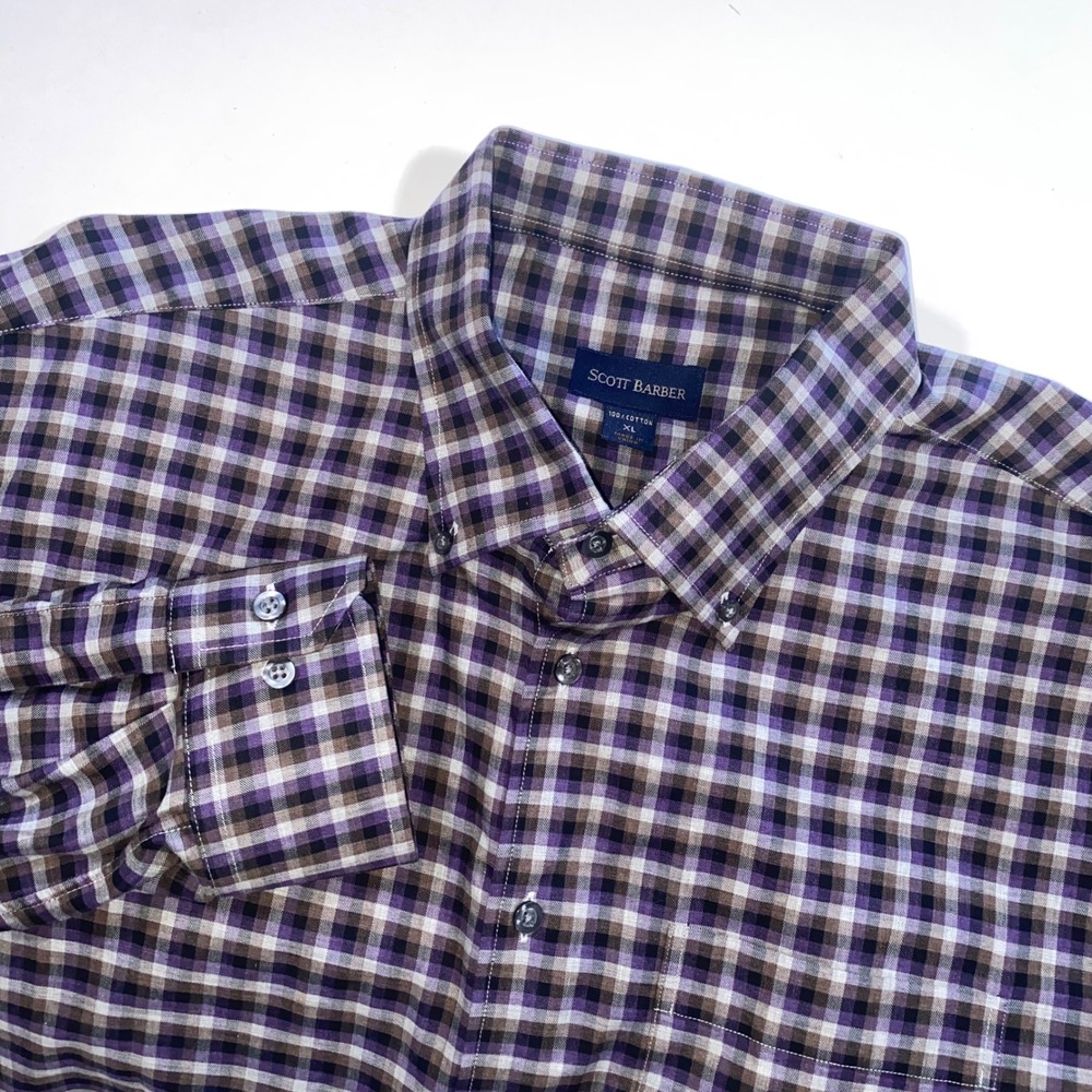 Scott Barber Mens XL Cotton‎ Plaid Button Down Shirt Purple Brown Long Sleeve